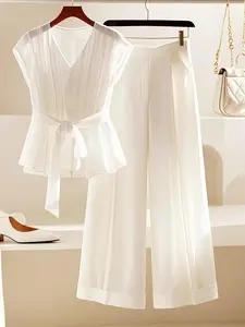 Two-Piece Set Women's Solid Belted Tank Top & Wide Leg Pants Chiffon Set, Casual Sleeveless Top & Zipper Fly Pants for Daily Wear, Ladies Clothes for All Seasons, Matching Clothing Set