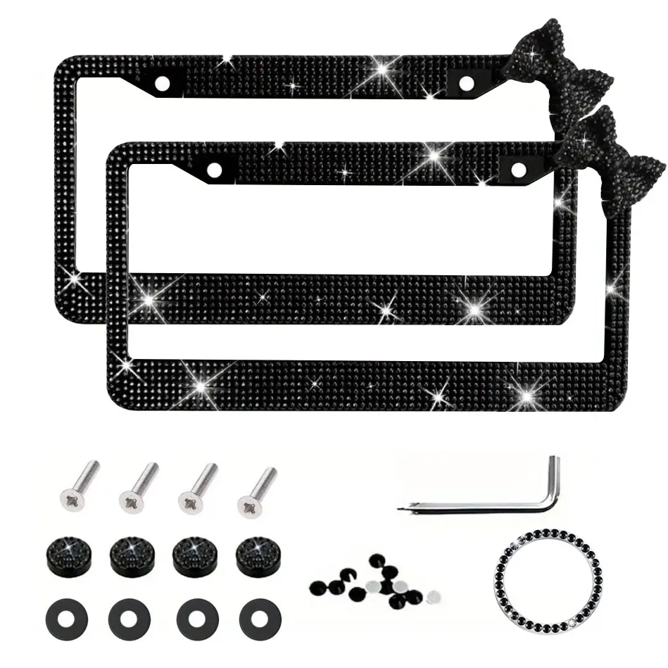 This cute bowknot bling license plate frame is covered in crystal rhinestone glitter, comes in multiple colors, includes a full set of anti-rust hardware, fits US standard plates, and adds a sweet sparkle to any car exterior