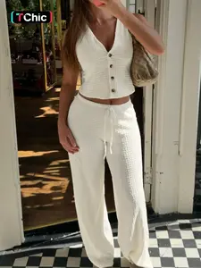 Women's V Neck Sleeveless Vest & Wide Leg Pants Matching Set, Casual High Waist, Perfect for Everyday Wear, Stylish Two-Piece Ensemble Outfit