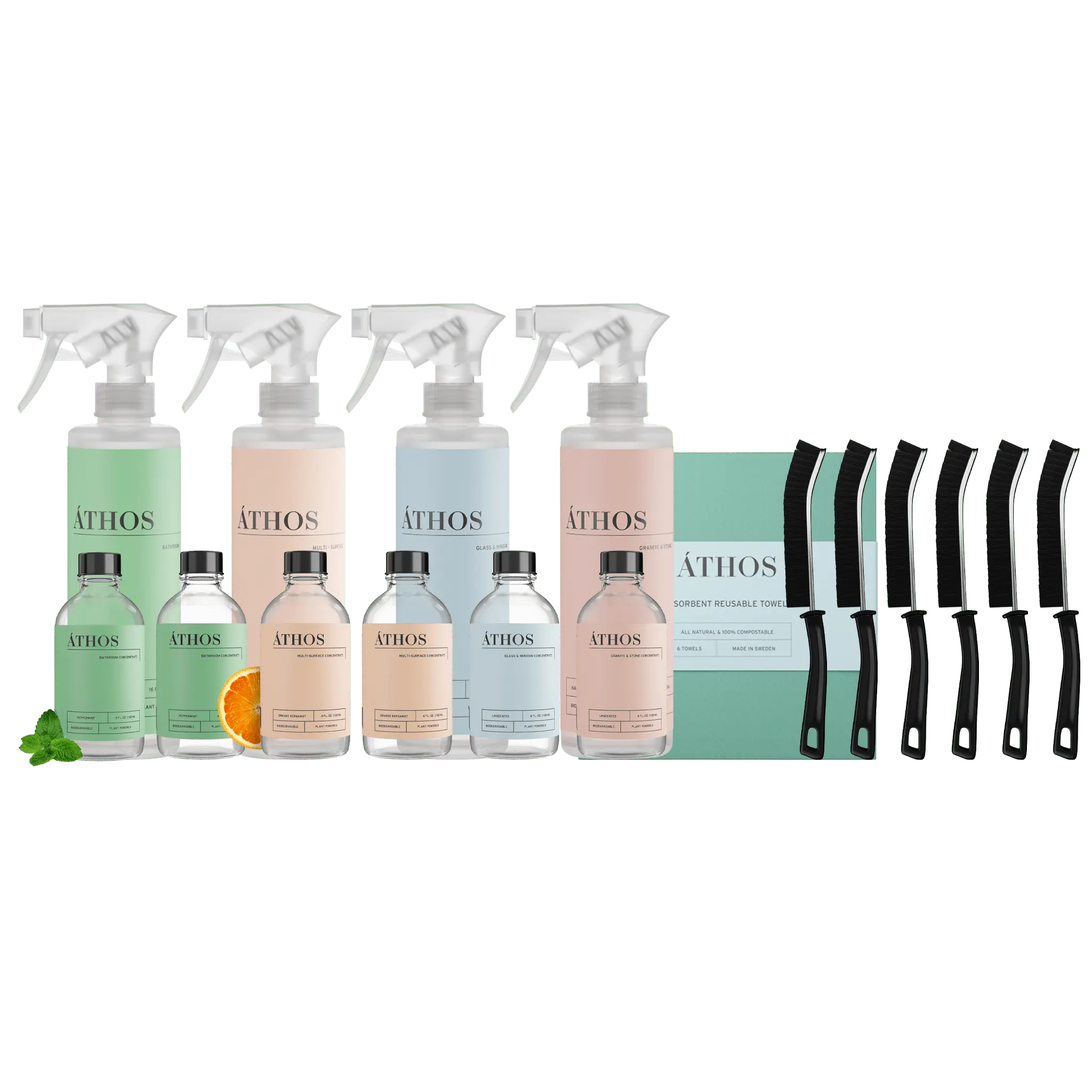 ÁTHOS Ultimate Home Cleaning Bundle | Makes 24 Bottles | 6 Concentrates + 4 Reusable Bottles + Brushes + Towels | All-in-One Plant-Based Cleaning Kit | Safe for Stone, Glass, and Every Surface | Eco-Friendly & Non-Toxic