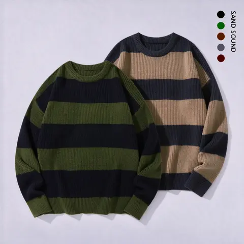 SAND SOUND Men's Fall Basic Striped Crew Neck Knitwear - Chic, Baggy, Pull-On Polyester Warm Long-Sleeved Top, XL Size for Everyday Outdoor, Halloween Wear (Autumn Winter)