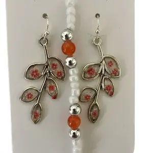 Cherry Blossom Flower Dangles with Silver Leaves and Carnelian Beads for Elegant Jewelry