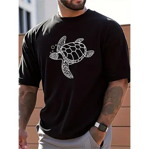 Men's Casual Turtle Print T-Shirt - 100% Cotton Loose Fit Breathable Summer Tee with Black & White Graphic Design for Daily & Outdoor Wear, Comfortable Fit Shirt