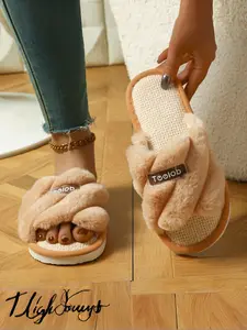 Women's Plush Open-Toe Slippers, Home Non-Slip Soft Sole, All-Season Warm Cotton Slippers, Fashionable Eva Sole, Fall & Winter Comfort