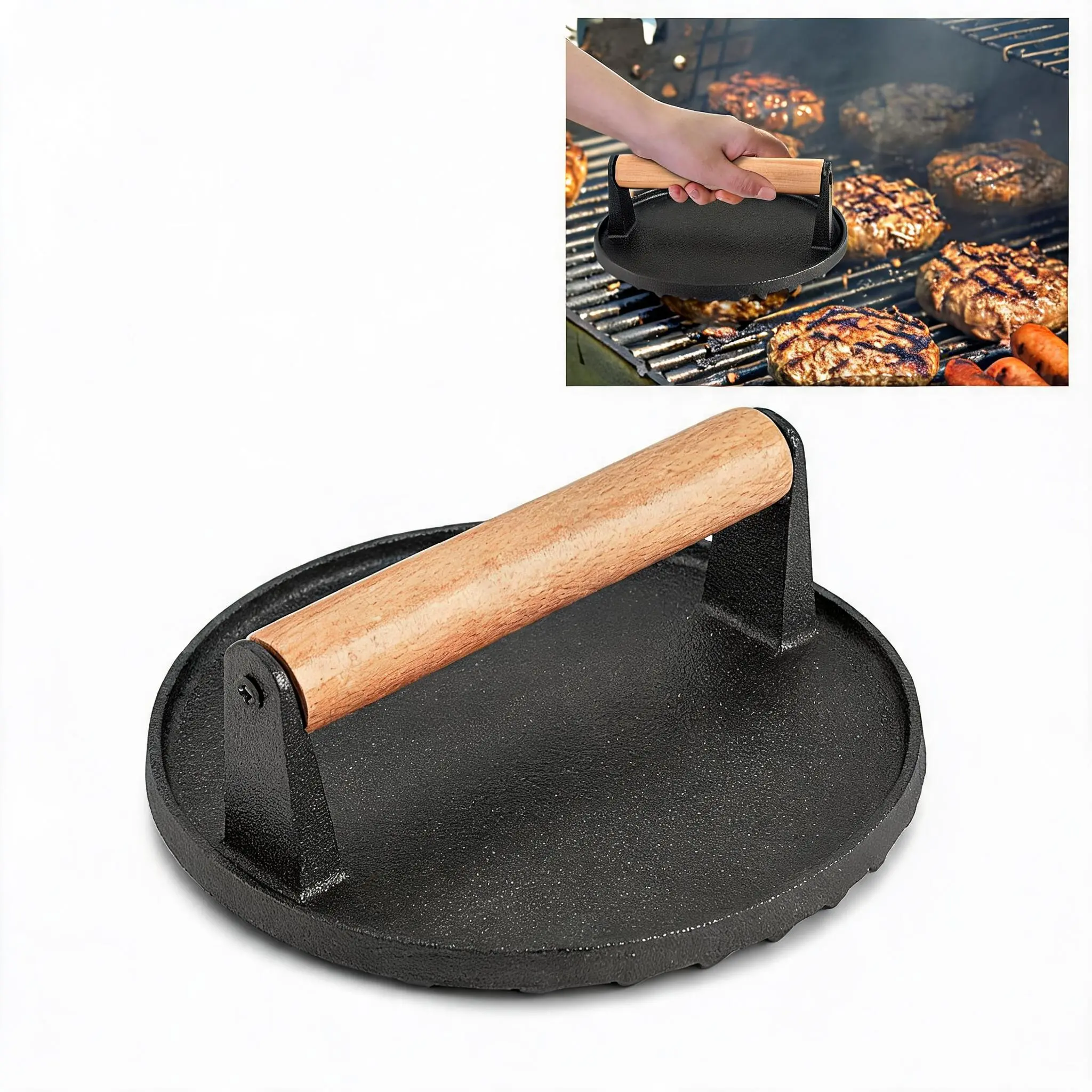 Burger Press, Round Heavy-Duty Cast Iron Smash Bacon Press Meat Steak with Wood Handle for Griddle, Sandwich, Nonstick Pan