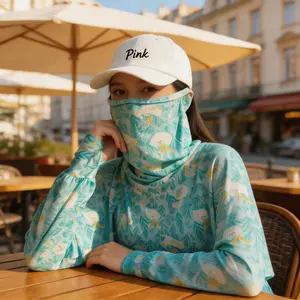 Women's All-in-One Printed Sun Protection Cape, Ear-Hook Short-Style Sun Shirt, UPF 50+ UV Protection Breathable Full-Coverage Cycling Sun Poncho with Face & Neck Cover