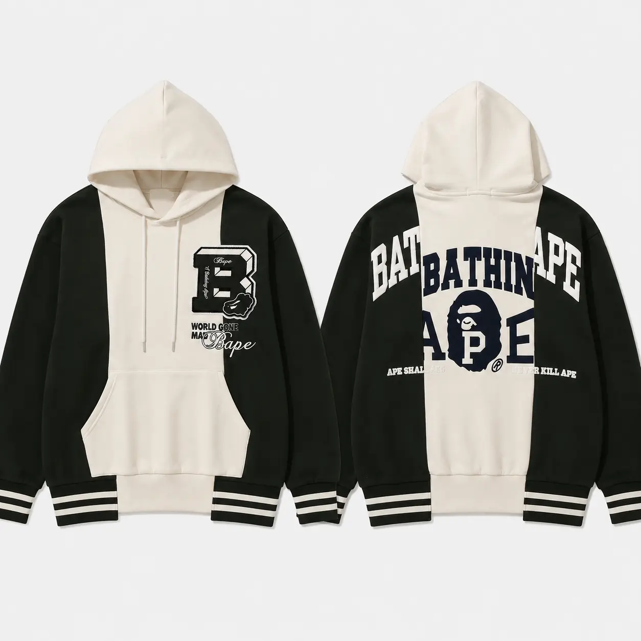 Men's Varsity Patch Graphic Hoodie, Collegiate Streetwear Pullover Sweatshirt with Oversized Back Logo