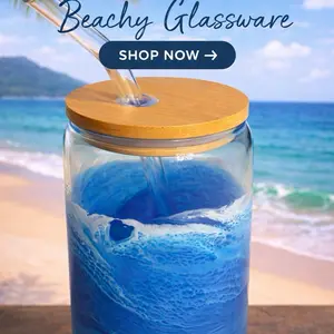 Blue Tide Brew Glass W/ Bamboo Lid & Glass Straw