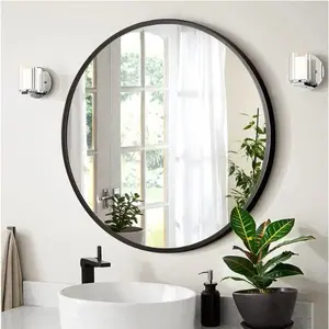 Black Circle Mirror, Round Home Mirror Multiple Sizes, Round Wall Mirror Metal Frame, Circle Mirrors for Bathroom, Vanity, Bedroom, Hallway.Aluminium Decor Mount Installation Burst Light