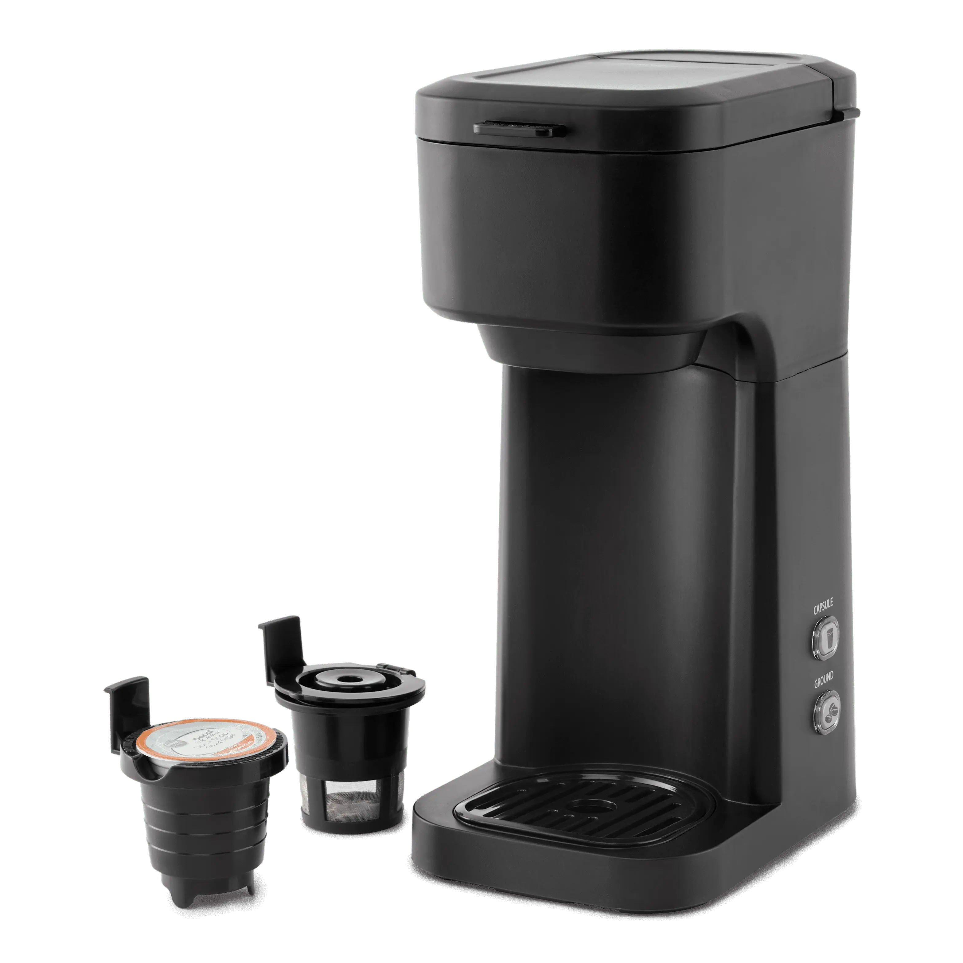 Mainstays Black Matte Dual Brew Coffee Maker, Single Serve, Auto Shutoff, 14 oz Reservoir Mainstays Black Matte Dual Brew Coffee Maker, Single Serve, Auto Shutoff, 14 oz Reservoir