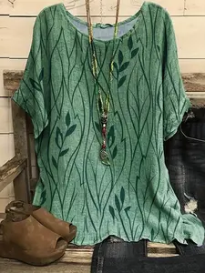 Fashion Leaf Print Short-Sleeve T-shirt Plus Size Casual Loose Fit Tops, Lightweight Breathable Fabric, Y2K Clothes Summer Outfits, Trendy Vacation Daily Wear, Comfortable Relaxed Fit Bohemian Shirts, Stylish Plant Pattern Detail Party Casual T-shirt