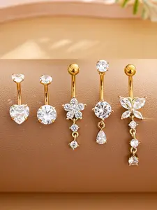 5Pcs Belly Button Ring Navel Piercing Jewelry Body Piercing Jewelry Cute Heart Dangle Butterfly Flower CZ Design Belly Rings for Women 14G Silver Gold Stainless Steel Dainty Dangly Belly Button Piercing