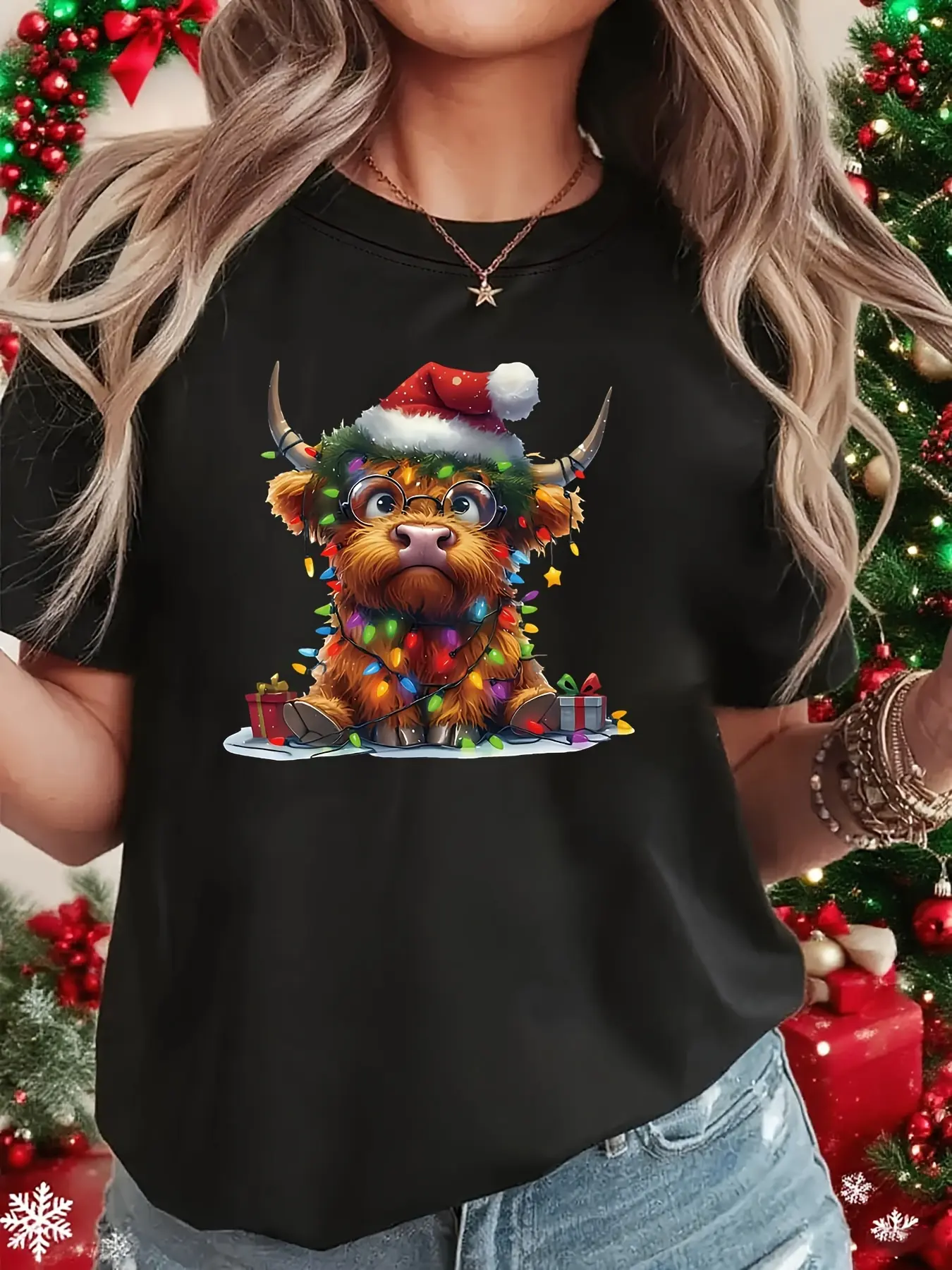 Christmas lights West Highland cattle fun pattern unisex soft cotton short sleeve t shirt, vintage graphic casual tee for men women teens, perfect birthday holiday gift for camping travel gym daily street  wear