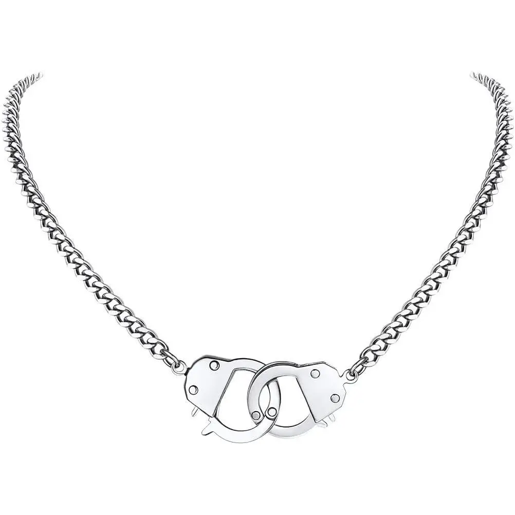 Handcuff Necklace Padlock Pendant Customized Handcuffs Bracelet Stainless Steel/K Gold Plated/Black Curb Chain Interlocking inch/inch Friendship Statement Necklace for Girls & Women