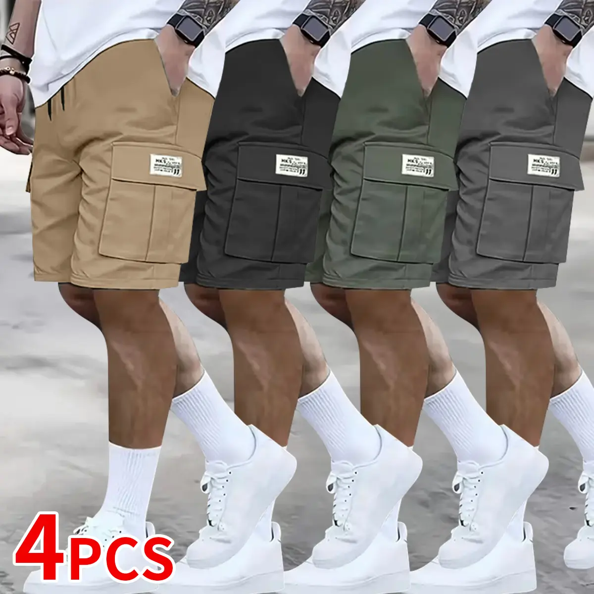 Men's Workout Cargo Shorts with Large Pockets, Set of Four
