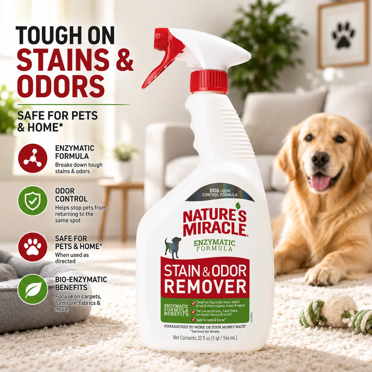 Nature’s Miracle Dog Enzymatic Stain & Odor Remover, 32 oz – Tough on Urine, Feces, Vomit, Drool, Organic Messes, Multi-Surface Use, Fresh Scent