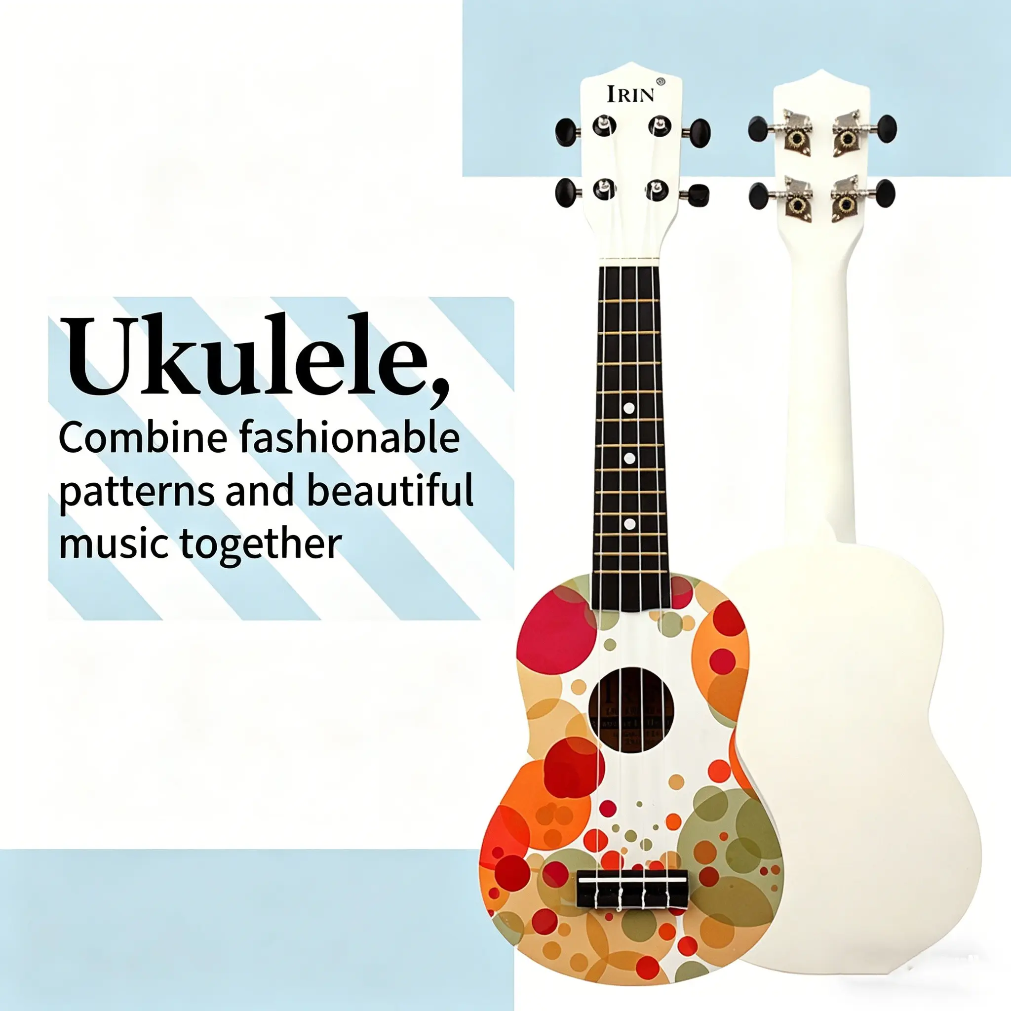 Irin 21 Inch Colorful Print Ukulele, Kids Beginner 4-String Instrument, Lightweight High Pitch, Ideal for Gifting and Casual Play