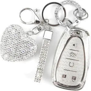 Key Fob Cover with Diamond Keychain for Women Car Key Holder Compatible with Chevy Chevrolet Equinox Malibu Cruze Traverse Camaro Trax Blazer Volt Bolt Protector, 5 Buttons (Silver-Heart)