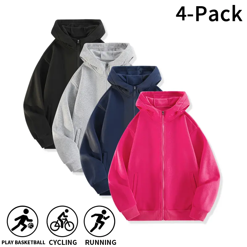 2026 New Men’s Autumn/Winter Windproof Full-Zip Hooded Jacket, 4-Pack, Soft Stretch Knit Fabric, Suitable for Basketball, Cycling, Running, and Street Lounging, Minimalist Urban Casual Style, Versatile Layerable Hooded Top for Men