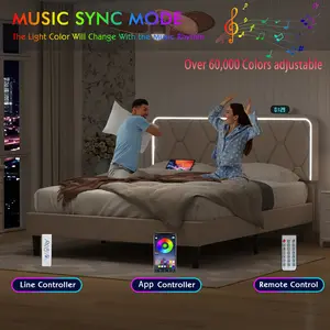 VECELO 3 Piece Bedroom Set, LED Bed Frame (Beige Gray) with 2 Nightstands (White Black), Vintage Country Nightstands, Adjustable LED Light Bed Frame Queen\Full\Twin Size