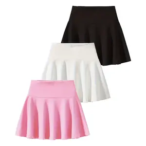 3-piece girls' summer stretch trumpet skirt plain tennis skating skirt with built-in shorts and elegant A-line skirt for children's activities.
