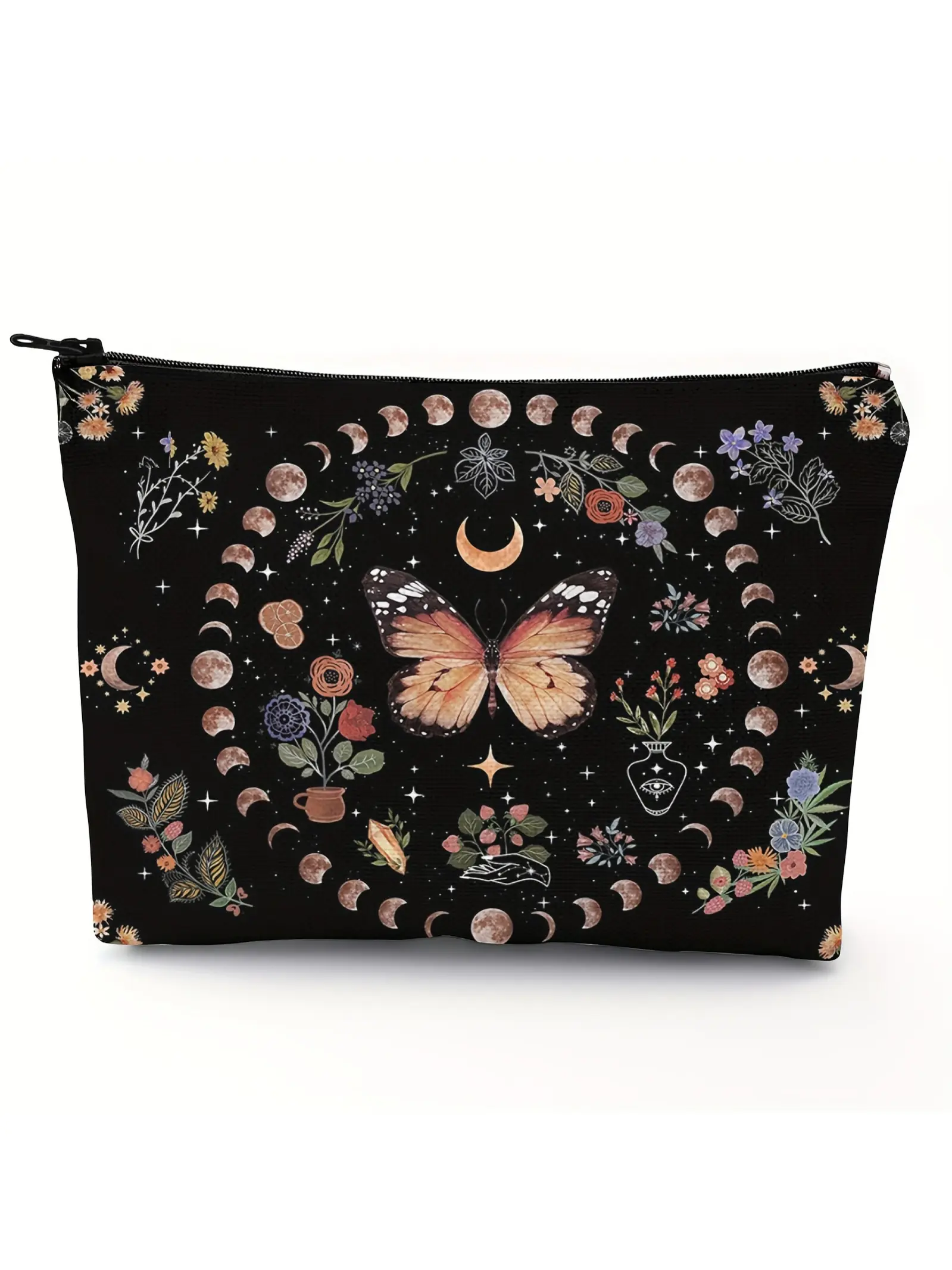 Gothic Butterfly-Moon-Star-Floral Makeup Bag, Cosmetics Bag, Cosmetic Pouch, Travel Cosmetic Bag, Boho Floral Plant Pattern, Large Capacity Zipper Wash Bag, Ramadan Gift for Men and Women, Makeup Storage Bag