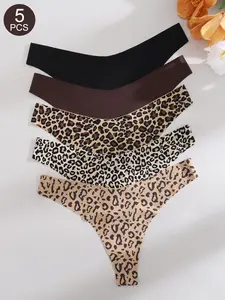 5PCS Women's Seamless Invisible Smooth Leopard Print Comfortable High Stretch Low Waist Thong Panties, Casual Everyday All Seasons Fitted Underwear