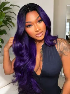 26 Inch Black Root Purple Body Wave Lace Front Wig Heat Resistant Synthetic Hair Soft & Lightweight Natural Parting Daily Wear Natural Fullness Fluffy Synthetic Material Wigs