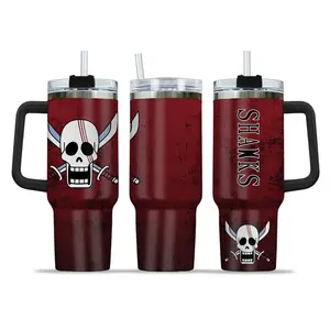 Shanks Red Hair Pirates 40oz Tumbler with Handle and Straw, Stainless Steel Vacuum Insulated Cup, OP Jolly Roger Skull Design, Anime Merch, Anime Tumbler