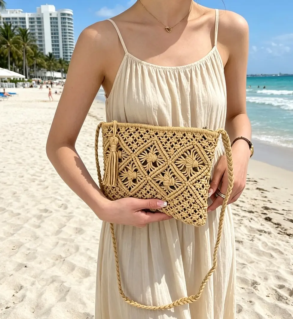 Women's Small Square Woven Gym Shoulder Bag - Cotton Rope & Cotton Thread, Tassel Accent, Handheld & Crossbody Design
