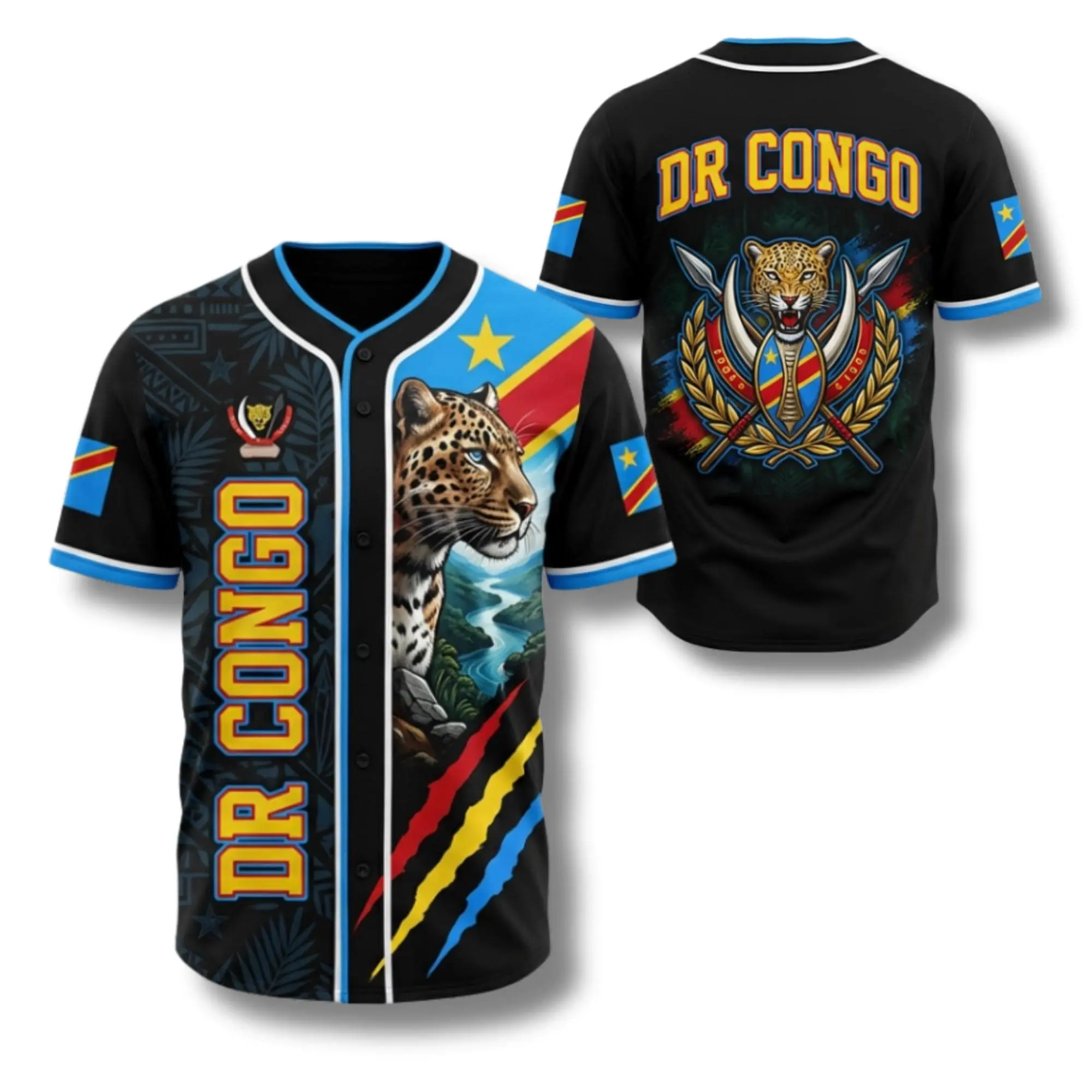 DR Congo Flag Baseball Jersey  | Bold Congolese Leopard Graphic Button Up Shirt | Trendy African Pride Heritage Sportswear