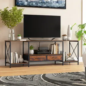55" Industrial TV Stand with Power Outlets, Entertainment Center with 2 Fabric Drawers and Open Shelves for Living Room,Bedroom, Console Table for Bedroom, Rustic Brown