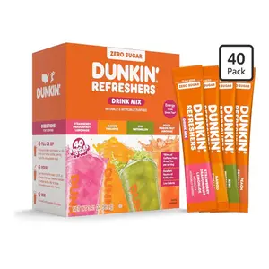 Dunkin’ Refreshers Singles To Go! Powdered drink mix packets, 40 Ct Variety Pack, 40 Single serve Packets per Box (40 servings), Energy from Green Tea, aspartame-free, no synthetic colors, naturally and artificially flavored, just add water