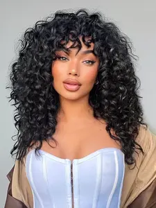 Black Curly Wig with Bangs Long Vintage Hairstyle with Curly Fringe Synthetic Wig for Women Daily Use Party Curly Hair Wigs