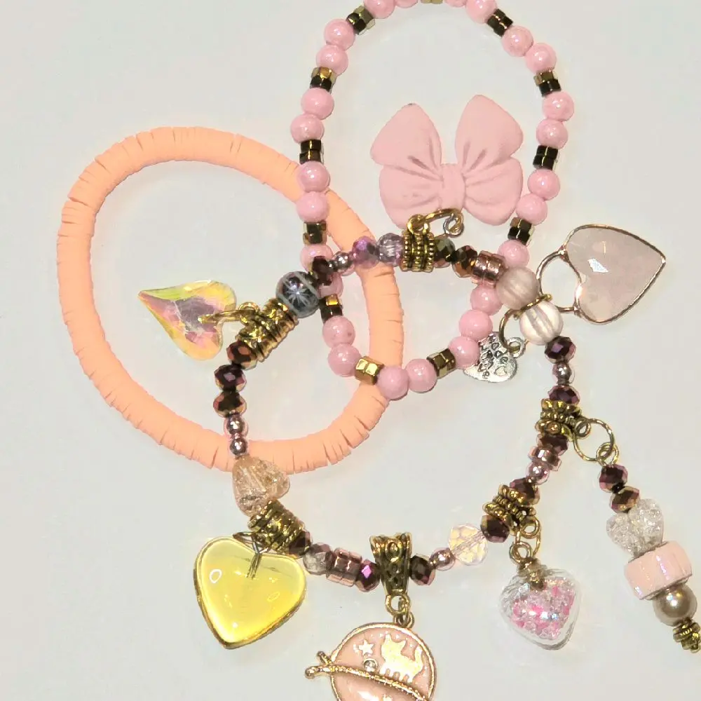 Charm Bracelet Gold and Pink Pink Polymer Clay Citrine Recycled Pink and Copper Spacer Pink Heishi Vinyl Disc Beads One of a Kind Unique Bracelets Beads