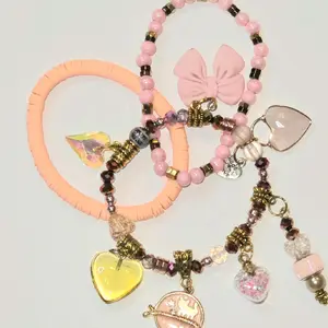 Charm Bracelet Gold and Pink Pink Polymer Clay Citrine Recycled Pink and Copper Spacer Pink Heishi Vinyl Disc Beads One of a Kind Unique Bracelets Beads