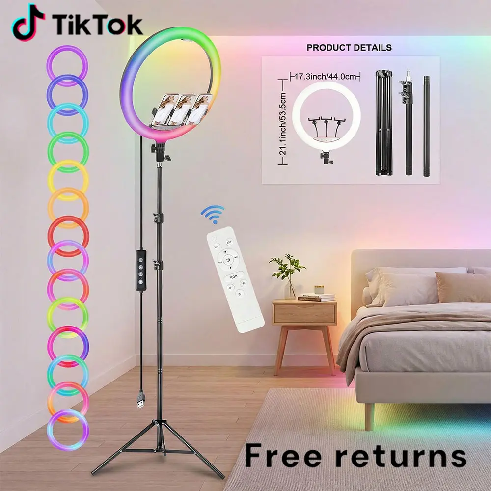 18 Inch RGB LED Ring Light with 70" Aluminum Alloy Tripod, with 1 selfie remote/3 Phone Clips, 3200-6500K Dimmable Fill Light Compatible with iPhone for Volg, Selfie Makeup, Lash Studio, Streaming Video#SummerWins#Fathersdaygift