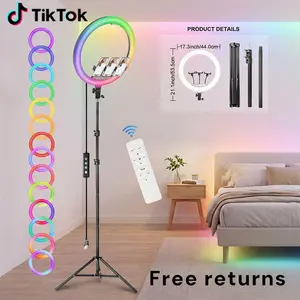 18 Inch RGB LED Ring Light with 70" Aluminum Alloy Tripod, with 1 selfie remote/3 Phone Clips/1 USB Ports, 3200-6500K Dimmable Fill Light Compatible with iPhone for Volg, Selfie Makeup, Lash Studio, Streaming Video#SummerWins#Fathersdaygift