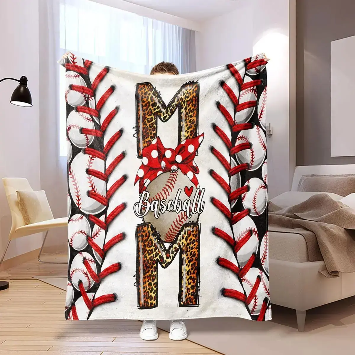 Baseball Motif & Letter Pattern Flannel Throw Blanket - All-Season Use, Soft Texture, Sports Look, Warm Bedding for Home, Office Air-Conditioned Rooms & Naps