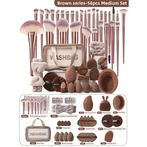 56PCS Makeup Tools: Waterproof Multi-Func Zipper Cosmetic Bag+30PCS Brushes+4PCS Sponges+4PCS Triangle/Air Cushion/Mini Air Cushion Puffs+2PCS Facial Cleansing Sponges+Cleansing Brush+Facial Ice Compress+Hairband+2PCS Bowl Straps+2PCS Brush Cleaners