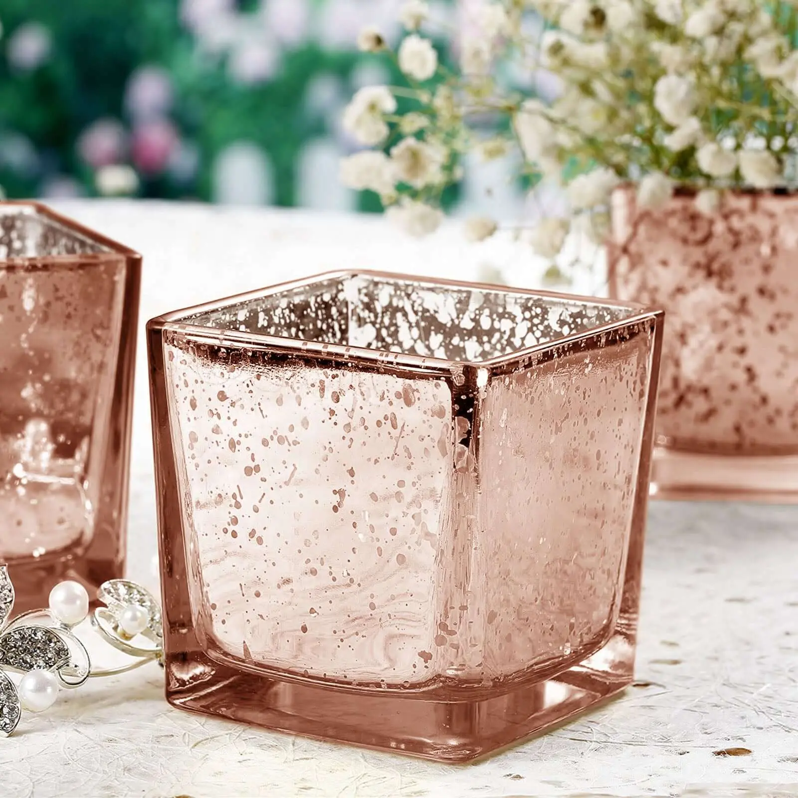 12-Pack Glamorous Speckled Patterned Square Mercury Glass Candle Holders - Rose Gold, 2in Votive Tealight Holders for Indoor Occasions, Wedding Tabletop Home Decor, Churches