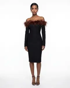 Off-Shoulder Feather-Trim Bodycon Dress