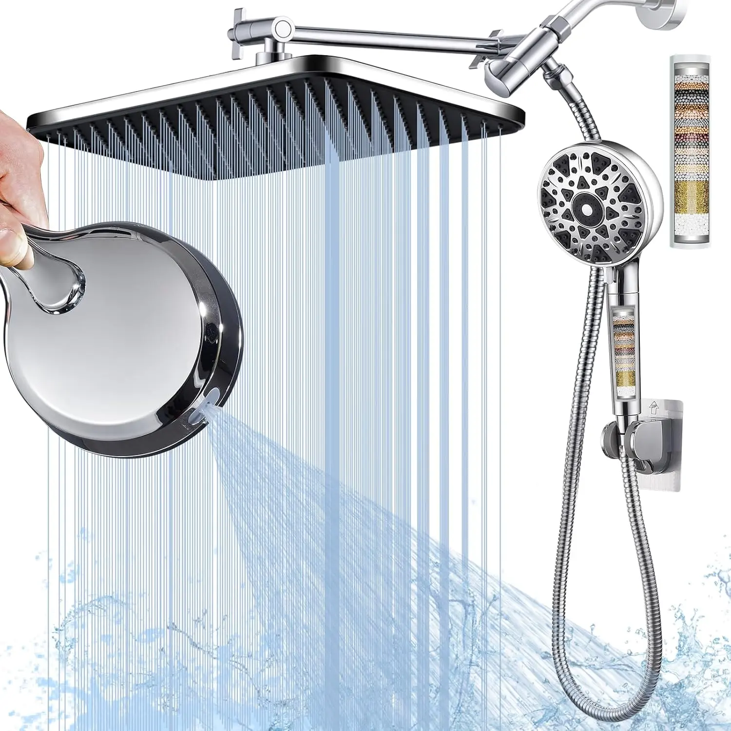 Couples Dual Shower Heads Combo | 14 inch Rainfall | High Pressure | 7 Spray | 3-Way Setting | Filters for Hard Water | Easy Install