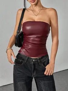 Women's Wine PU Leather Top, Fashion Chic Pleated Asymmetric Hem Slim Fit, Perfect for Parties, New Year Party Dress, Carnival Party Top