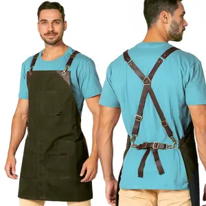 Leather Straps Apron - Denim or Waxed Canvas, CrossBack, Easy-Fastening - Carpenter, Shop, Work