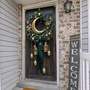 1pc, 2D door banner, Yard sign banner, Ramadan celebration crescent wreath, polyester material front door banner, suitable for decorating entrance doors, gardens, porches, family celebrations, photography background fabrics, home decoration