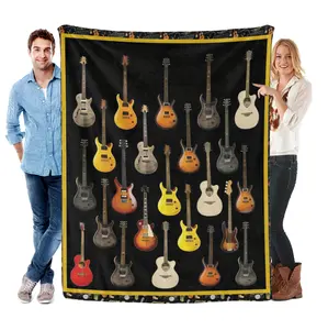 Guitar Enthusiast-Themed Blanket — Flannel Throw Blanket for Music Fans, Featuring Various Acoustic & Electric Guitar Prints on a Black Background with Yellow Trim