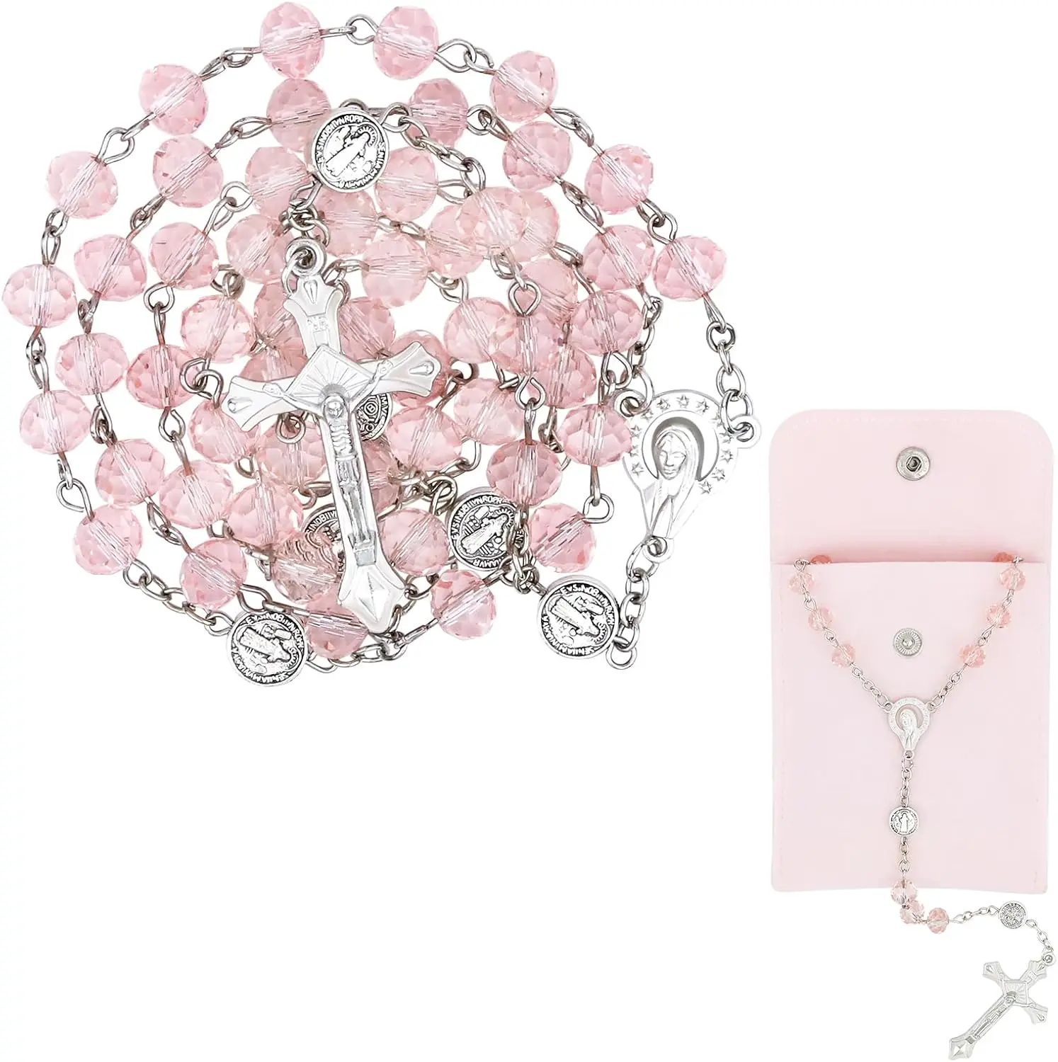 Rosary Beads for Women - Catholic Rosary Beads with Cross, Pink Crystal Rosary Necklace with Velvet Pouch, Religious Gifts for Women
