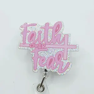 Faith Over Fear Glitter Acrylic Retractable Badge ID Reel Belt or Alligator Clip