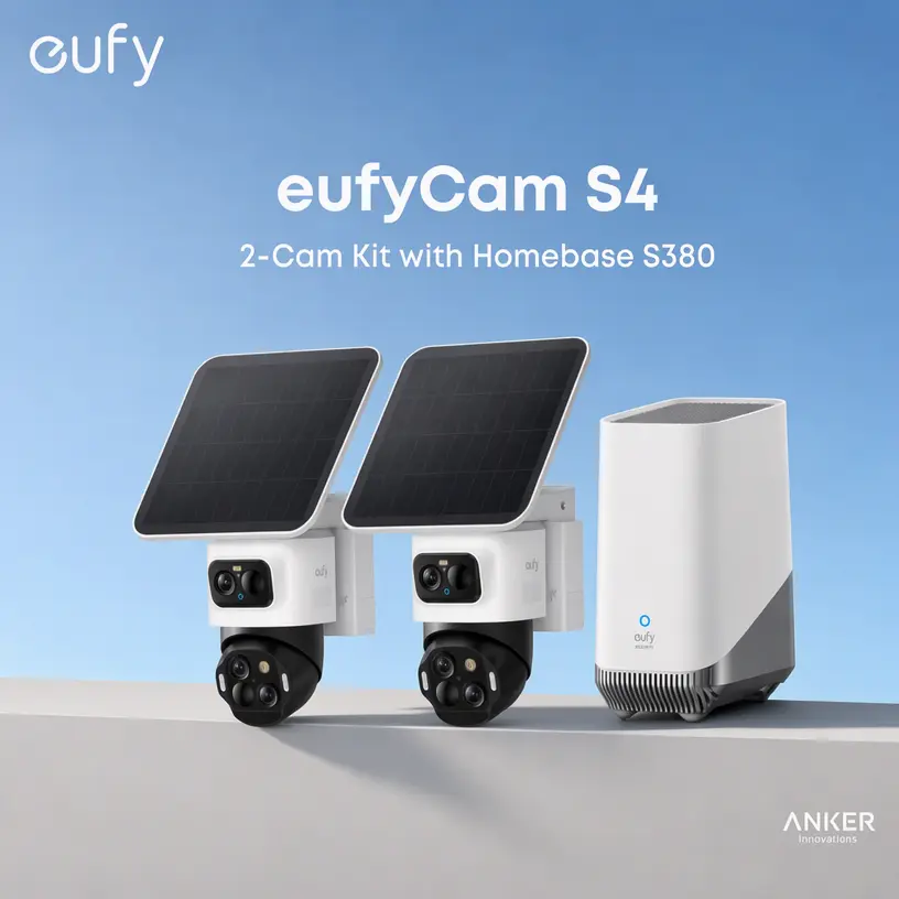 eufyCam S4 2-Cam Kit with HomeBase S380 - Wireless Outdoor Solar Triple Lens Bullet-PTZ 4K UHD AI Security Cameras & Systems, 360° Pan-Tilt, Auto Track, 8× Hybrid Zoom, Color Night Vision, Lights, Recording Compatibility